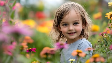 Naklejka premium Joyful little girl smiling among vibrant blooming flowers in a sunny spring garden : Generative AI
