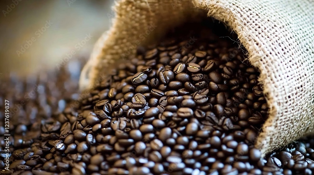 Poster rich aromatic coffee beans spilling from burlap sack onto rustic surface : generative ai