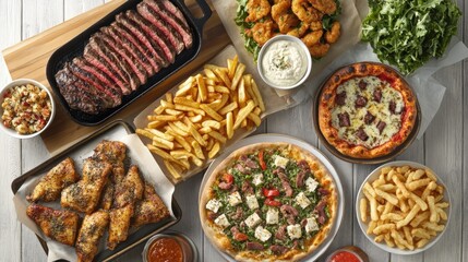 Delicious food platter steak, pizza, fries, chicken. Perfect for restaurant menus or food blogs
