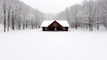 Snowy cabin winter forest landscape, tranquil escape