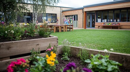Outdoor Preschool Playground and Garden with Vibrant Flower Beds : Generative AI