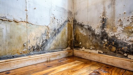 Fungal growth in damp corner of old house with black mold spreading across cracked plaster and wood, black mold
