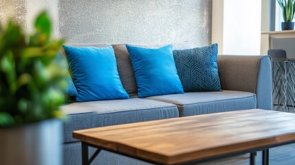 A Cozy Living Room With A Gray Sofa, Blue Pillows, And A Wooden Coffee Table.  The Room Has A Relaxed And Modern Vibe.
