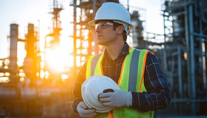 Industrial Worker Contemplating at Refinery Sunset