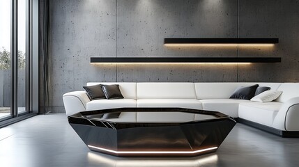 A Modern, Minimalist Living Room With A Sleek Black Coffee Table And White Sectional Sofa.  The Concrete Wall Adds A Raw, Industrial Touch, While The LED Lighting Creates A Sophisticated Ambiance.