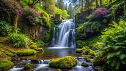 waterfall cascading through dense foliage of ferns and wildflowers amidst tall trees and moss-covered rocks, hidaway, water, hidaway