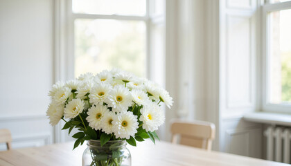 Bouquet of white daisies in glass vase on wooden table