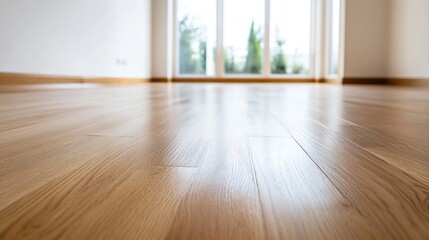 Fototapeta premium Bright and Airy Room With Wooden Flooring and Sunlit Window View : Generative AI