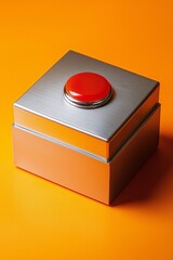 A square silver metal button box with a red button on the top, orange background