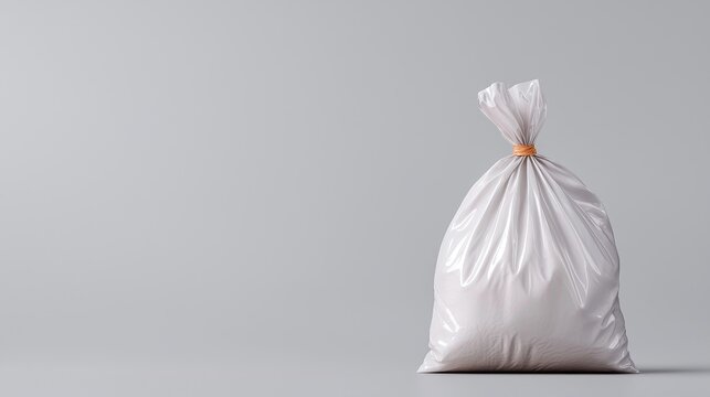 White plastic bag on gray background, copy space