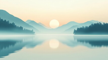 Fototapeta premium Misty mountains and calm lake reflecting the rising sun, a peaceful landscape