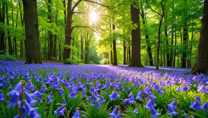 Sunlight illuminating bluebell flowers in vibrant green forest