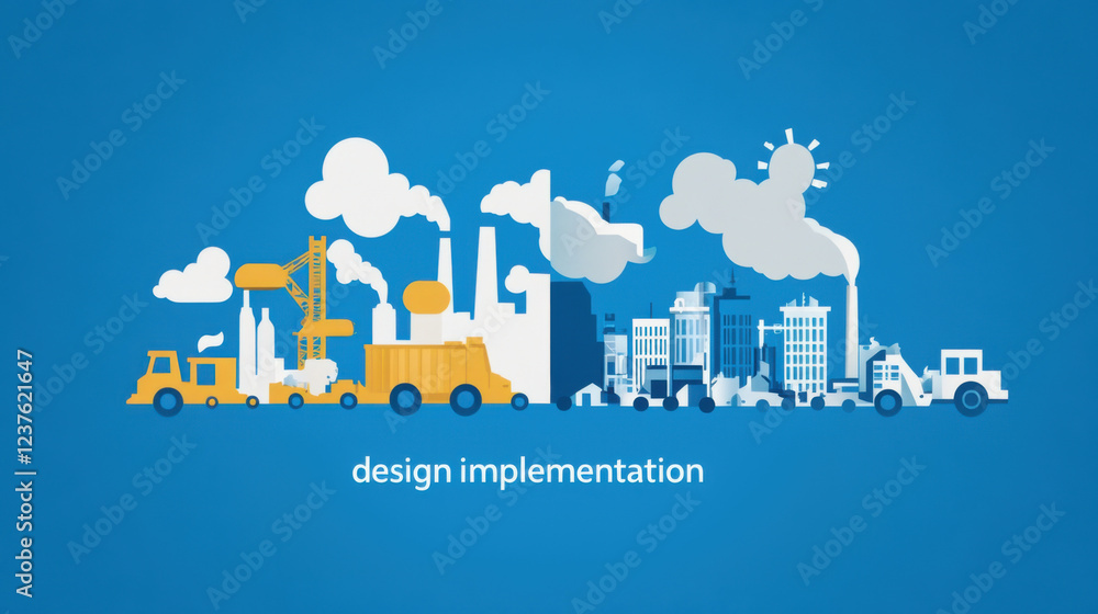 Poster dynamic split screen showing design on one side and industrial elements on other, illustrating conce