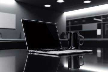 Minimalist black and white workspace with laptop and coffee mug