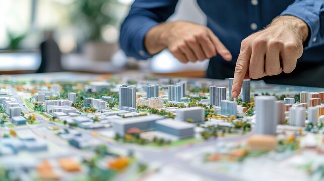 An urban planner pointing at a city model, with maps and charts spread out on a table, looking at the camera