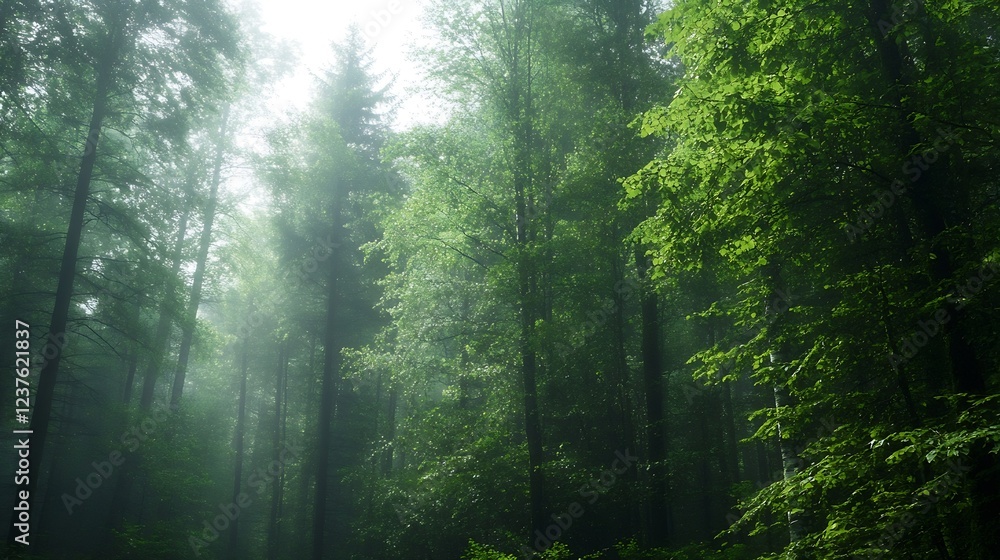 Poster majestic misty forest with sunlight streaming through tall ancient trees : generative ai