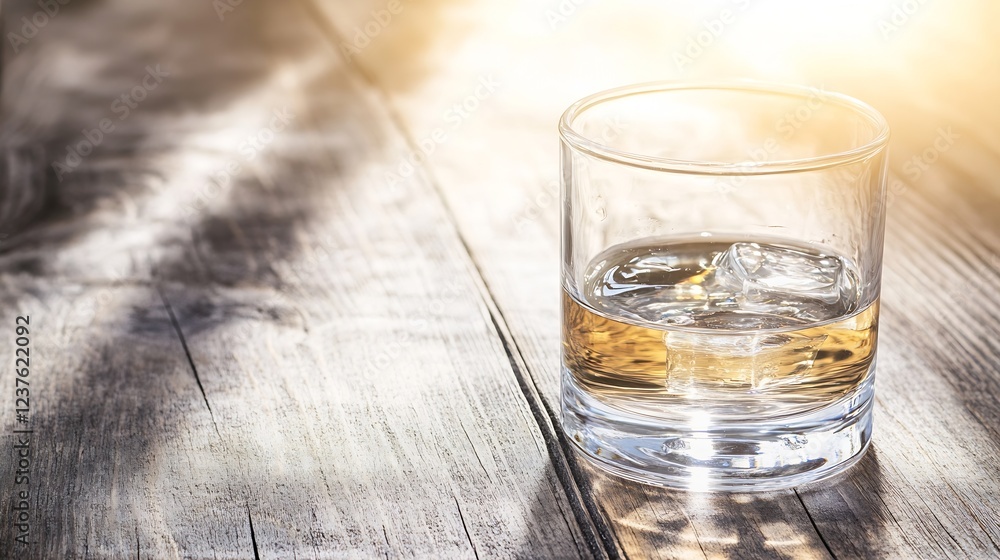 Poster clear glass of whiskey with ice on rustic wooden table in sunlight : generative ai