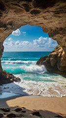 A secret beach inside a cave, with a hole in the ceiling letting in sunlight and turquoise waves.
