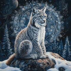 Majestic Lynx Sitting on Rock Surrounded by Cosmic Patterns
