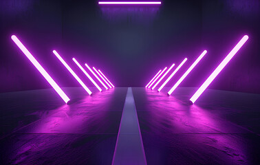 abstract background with glowing neon purple arrows on a black empty stage for product presentation. Glowing geometric shape wallpaper.