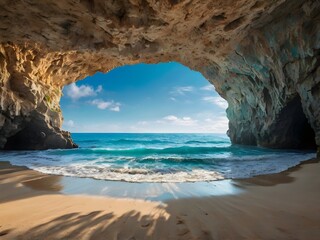 A secret beach inside a cave, with a hole in the ceiling letting in sunlight and turquoise waves.
