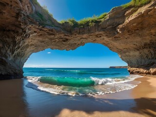 A secret beach inside a cave, with a hole in the ceiling letting in sunlight and turquoise waves.

