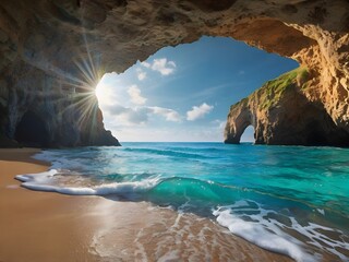 A secret beach inside a cave, with a hole in the ceiling letting in sunlight and turquoise waves.
