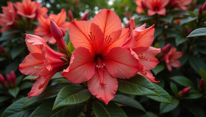 Pink azalea flowers blooming in a lush garden background
