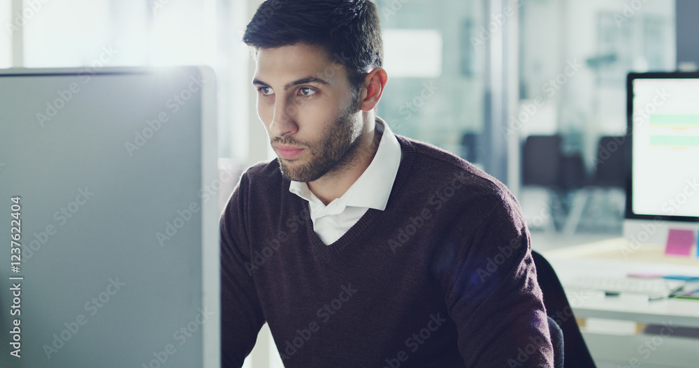 Aufkleber research, computer and reading with business man in office for seo, social media tracking and consum