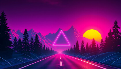 Fototapeta premium Tropical sunset beach, vibrant pink and purple sky, silhouetted palm trees, golden sun reflection on calm ocean, dreamy paradise landscape, vaporwave aesthetic, digital art style, neon colors, synthwa