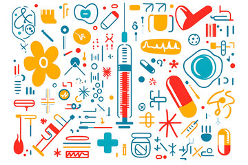 A flat vector illustration of a syringe and medical mask on a vibrant blue background