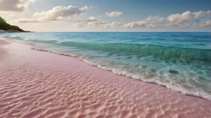 Fototapeta premium A surreal shoreline where the soft pink sand meets crystal-clear waters under a sunny sky. 