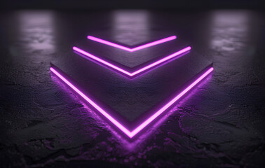 abstract background with glowing neon purple arrows on a black empty stage for product presentation. Glowing geometric shape wallpaper.