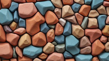 Fototapeta premium Vibrant Colorful Stones Arranged as a Stacked Wall Texture for Unique Architectural Designs
