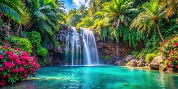Serene tropical waterfall cascading down a lush green rocky cliff into a tranquil turquoise pool surrounded by swaying palm trees and vibrant exotic flowers, rocks, pool