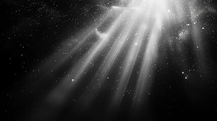 Radiant light beams illuminate a dark sky filled with glistening stars and cosmic dust