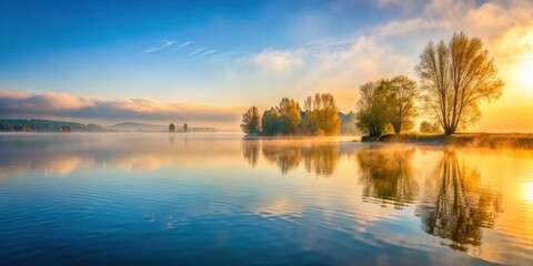 Obraz premium A serene lake scene at dawn with mist rising from the water and sunlight reflecting off the calm surface of the Bodensee lake in the spring morning, spring sunrise, bodensee lake