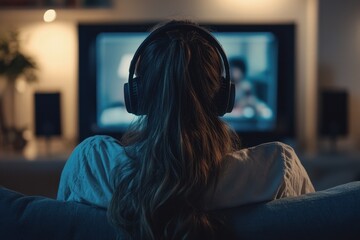 Naklejka premium Woman on sofa wearing headphones has a video call for remote work to avoid virus spread