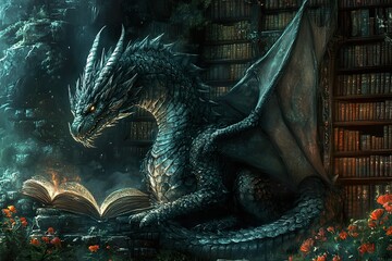 Dragon Studying Ancient Lore In A Grand Library