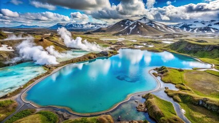 Aerial view of a stunning blue lagoon surrounded by lush greenery and snow-capped mountains in Iceland with hot springs and geothermal activity, breathtaking, majestic