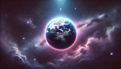 Obraz premium Illustration of a bright Earth from space, shining brightly because of the light reflected by the moon. Earth, outer space, creating a stunning cosmic view.