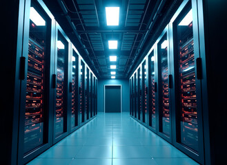 Modern data technology center, server racks, big data and protection, storage, cryptocurrency farm, cloud computing