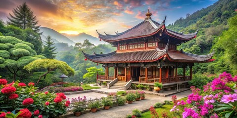 Fototapeta premium Serene Chinese temple amidst lush greenery with vibrant flowers and tranquil ambiance