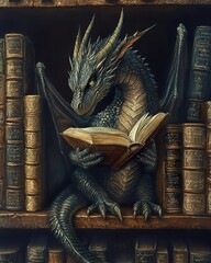 A Young Dragon Reads An Ancient Book Among Old Volumes