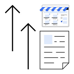 Upward arrows indicating growth, online storefront under a blue-striped awning, and a document with lines and a picture. Ideal for business growth, e-commerce, market analysis, digital trends, online