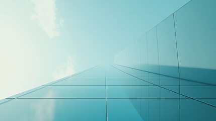 Plakat Modern glass skyscraper, city view, blue sky, upward perspective, architectural design
