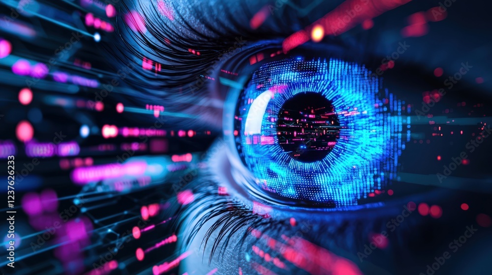Poster close-up of a futuristic digital eye with glowing colors and abstract data flow elements
