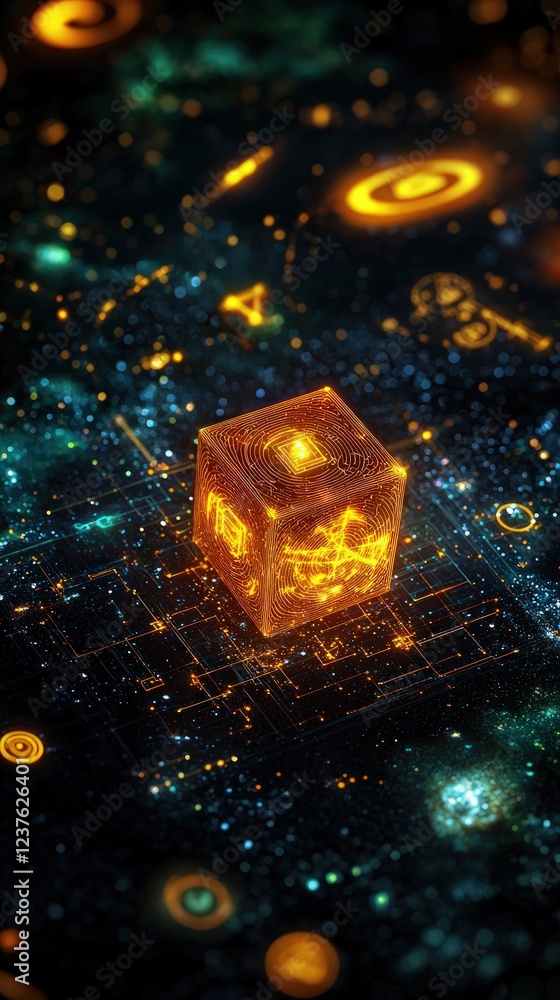 Poster glowing cosmic cube surrounded by vibrant nebula and sparkling stars in deep space