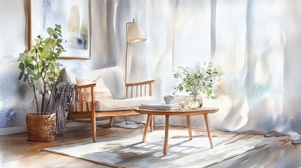 Serene Watercolor Living Room with Sunlight Streaming Through Sheer Curtains