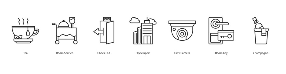 Value Essentials Icon Sheet Tea, Room Service, Check Out, Skyscrapers, Cctv Camera, Room Key, Champagne